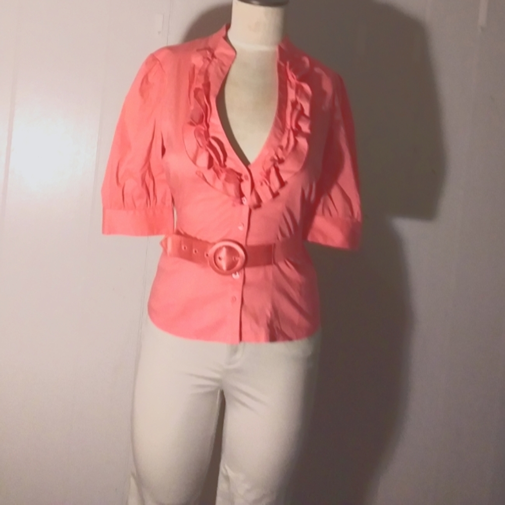 Bebe xs extra small ruffled collared belted short sleeve salmon button up blouse